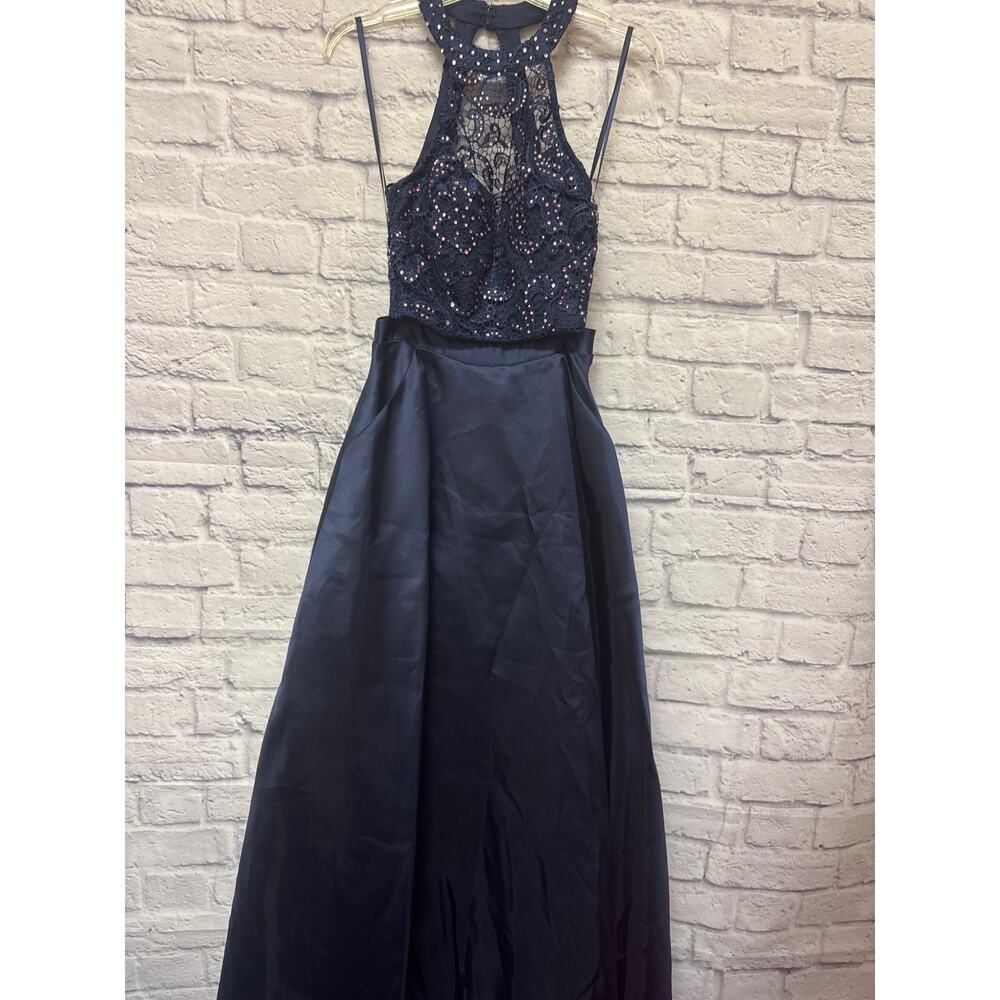 Say Yes Prom Dress Navy 2 PC Gown Lace Halter Pink Beads Taffeta Skirt Pockets 0